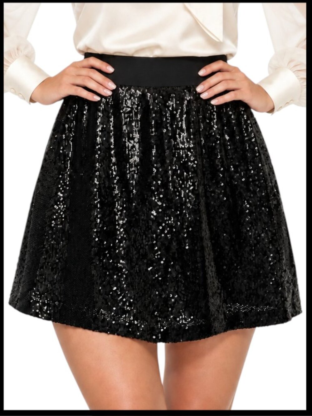 AQUA Black Sequin Flared Mini Skirt S